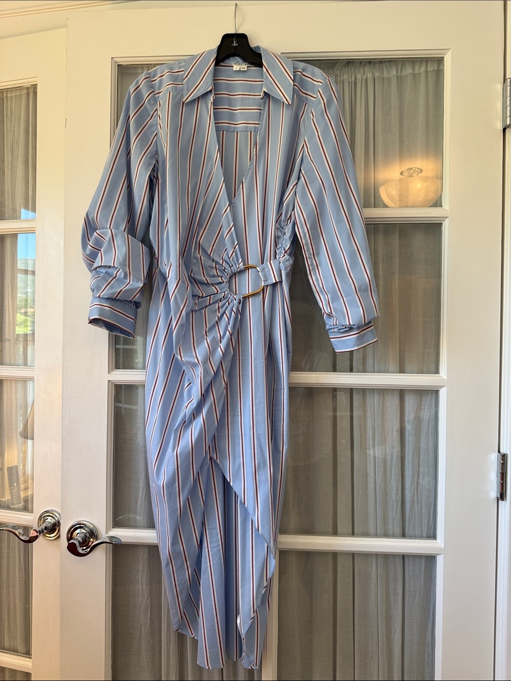 Veronica Beard Blue and White Striped High-Low Wrap Dress